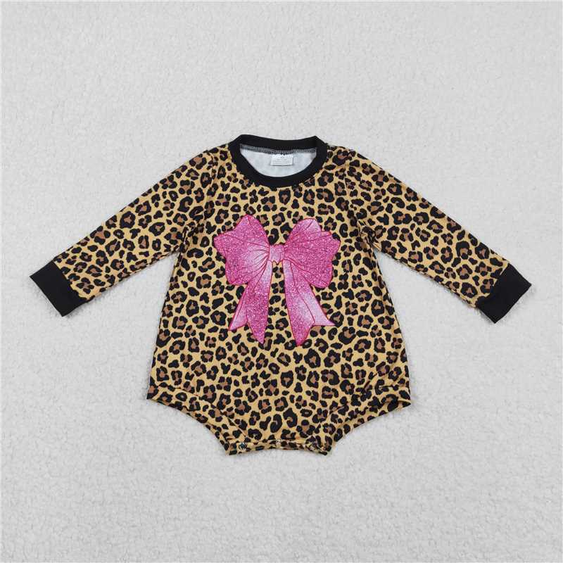 X12.4 LR2775 Pink Bow Pattern Leopard Print Brown Long-Sleeved Jumpsuit