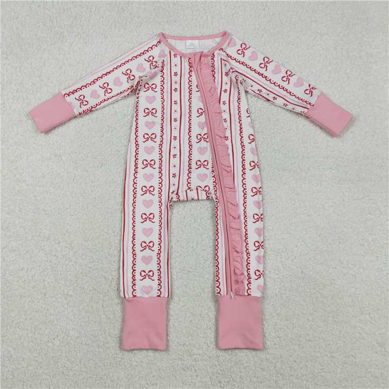 X12.4 LR2781 Heart-shaped bow pattern floral striped beige zip-up long-sleeved jumpsuit