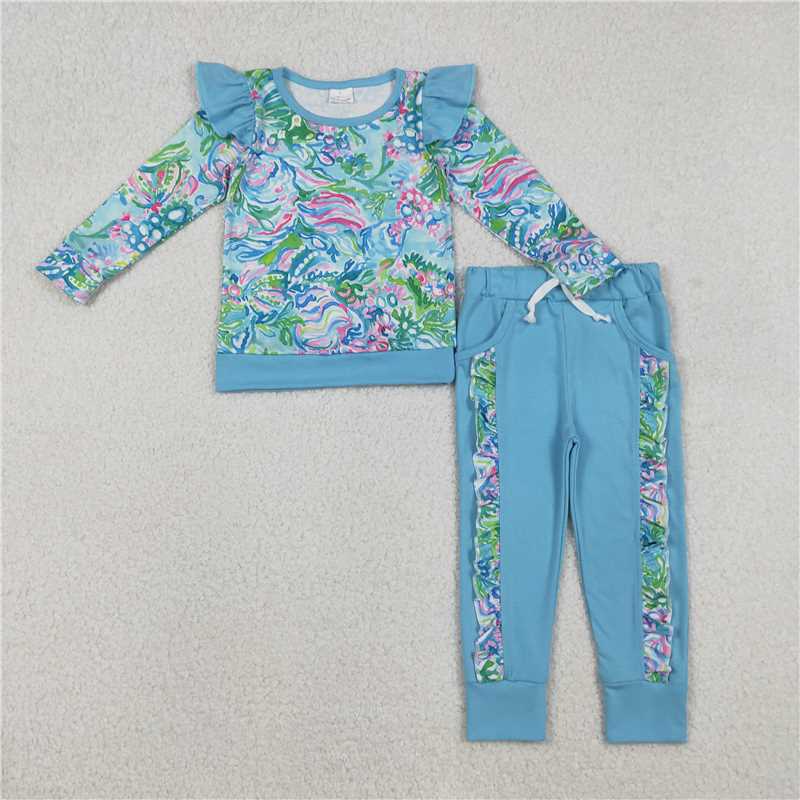 X12.24 GLP2832 Seaweed Pattern Long-Sleeved Lace Blue Trousers Suit