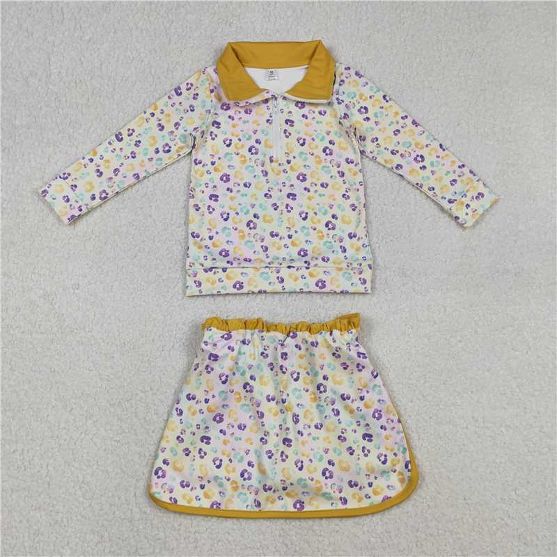 X12.24 GLD1365 Carnival Colorful Leopard Print Zipper Long-Sleeved Skirt Yoga Set