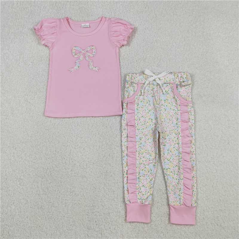 x12.15 GSPO2060 Embroidered Floral Bow Pattern Pink Short-Sleeve Pants Set