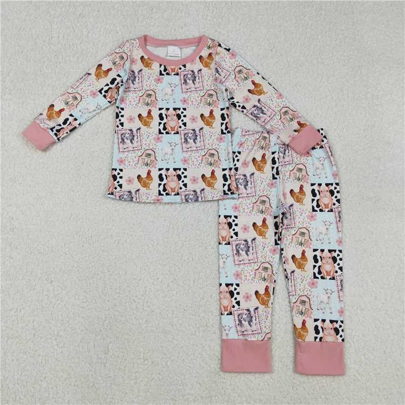 X12.24 GLP2805 Farm Animal Patchwork Floral Pink Long-Sleeved Pants Pajama Set