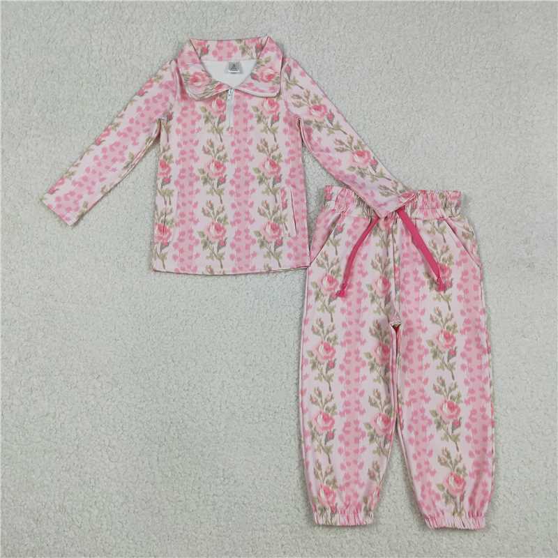 X12.24 GLP2940 Floral and Leaf Pink Pocket Zipper Long Sleeve Drawstring Pants Yoga Set