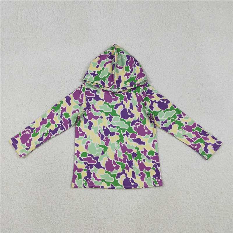 x12.13 BT1507 Carnival Green Yellow and Purple Camouflage Hooded Long-Sleeved Top