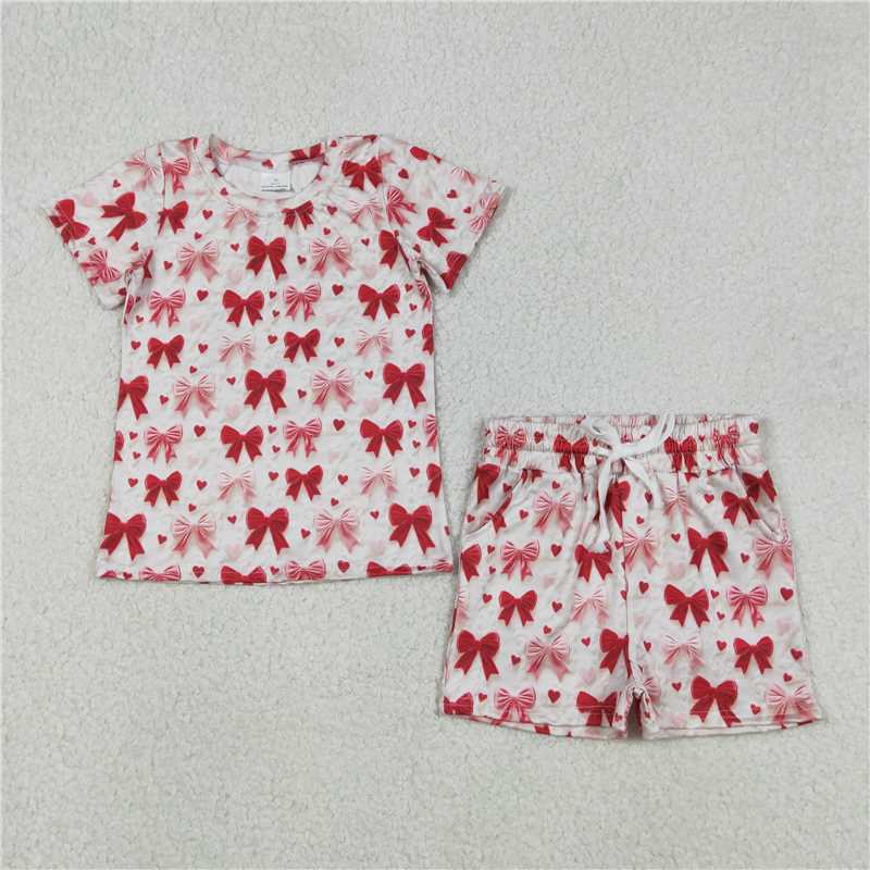 X12.5 GSSO2835 Heart-patterned Pink Bow Short-sleeved Shirt and Shorts Set