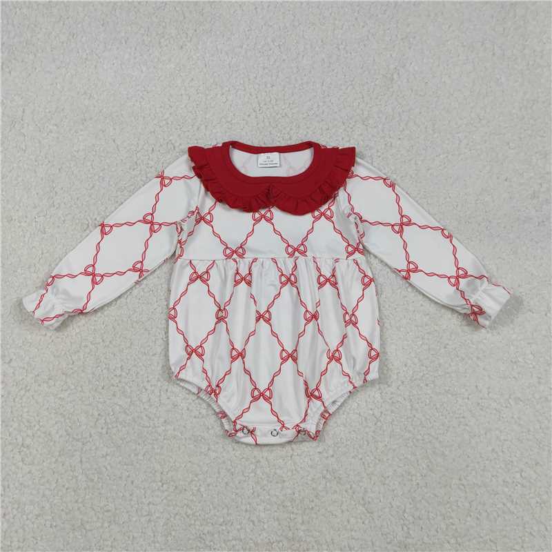 X12.5 LR2725 Red Lace Peter Pan Collar Long-Sleeved Jumpsuit with Bow Pattern