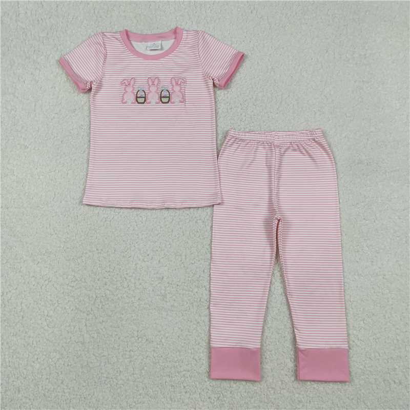 x12.15 GSPO2117 Embroidered Easter Bunny Egg Basket Pink Striped Short-Sleeve Pants Pajama Set