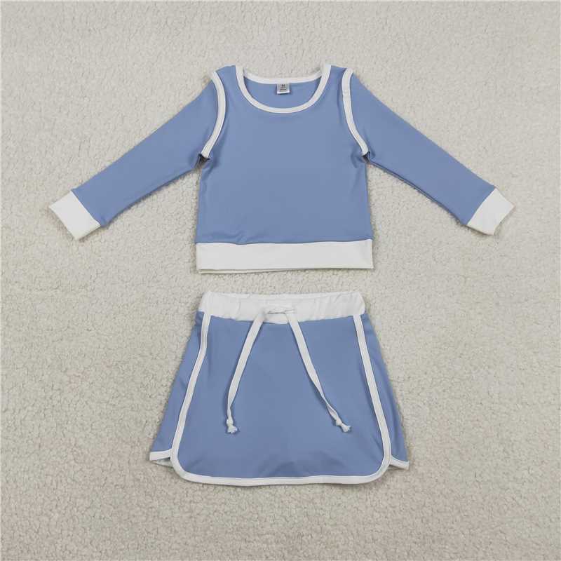 GLD1483 Solid Blue and White Long-Sleeved Midi Skirt Yoga Set