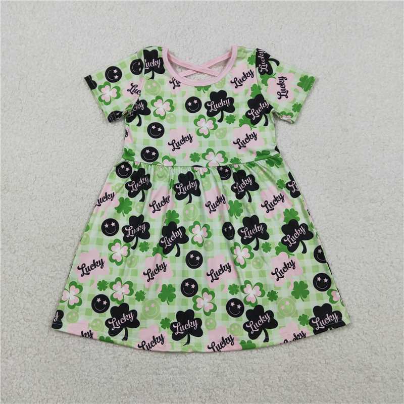 GSD2840 Lucky Four-Leaf Clover Green Plaid Short-Sleeve Dress