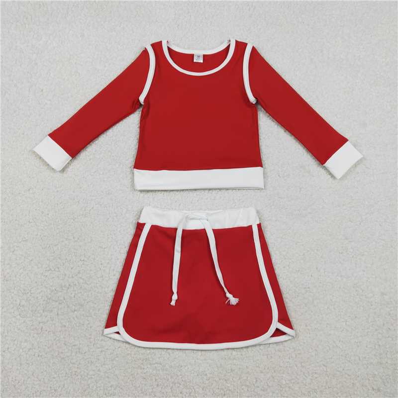 GLD1482 Solid Color Red and White Long-Sleeved Midi Skirt Yoga Set