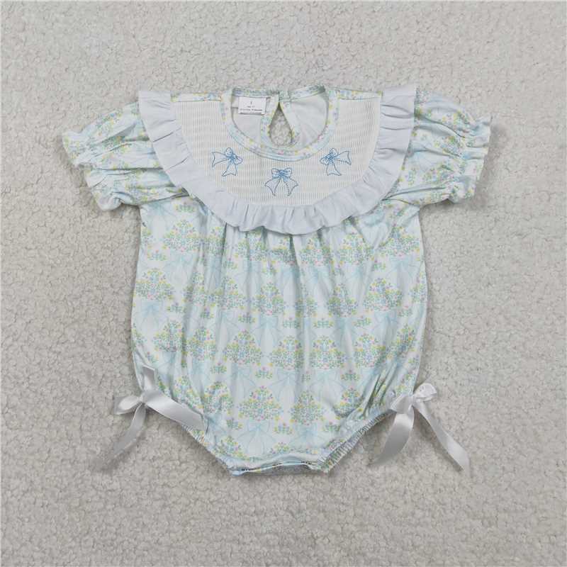 SR3487 Embroidered floral print with bow pattern, striped short-sleeved jumpsuit