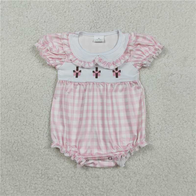 SR3756 Embroidered cross pink plaid lace Peter Pan collar short-sleeved jumpsuit