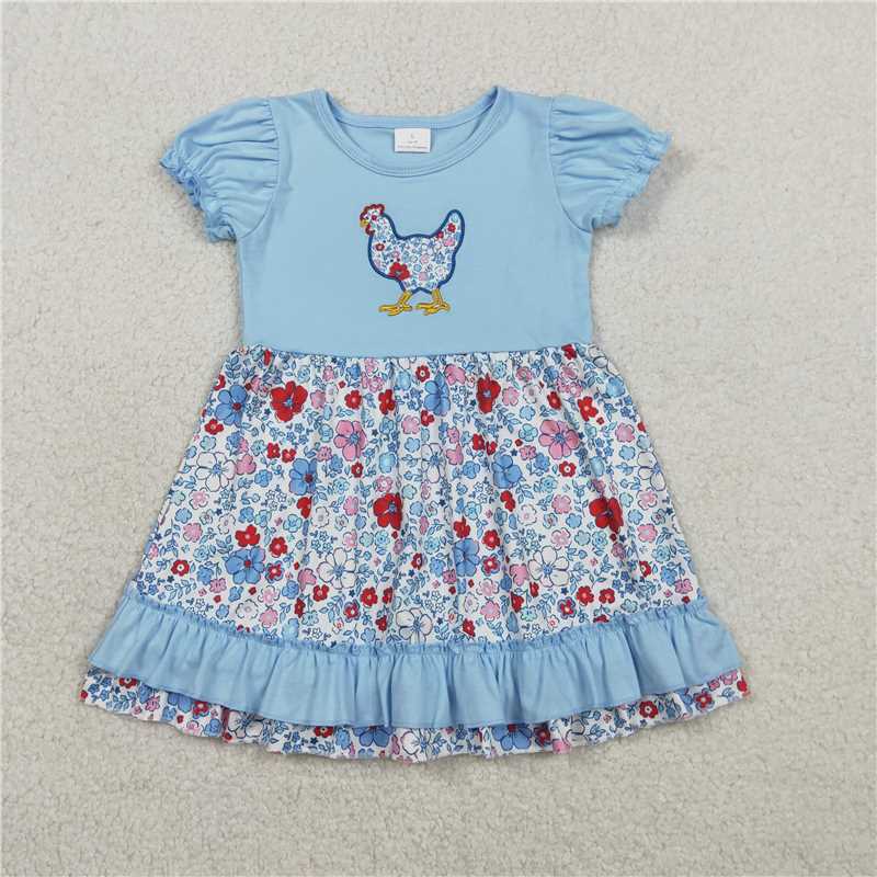 GSD3418 Embroidered Colorful Flowers and Chicks Blue Lace Short-Sleeve Dress