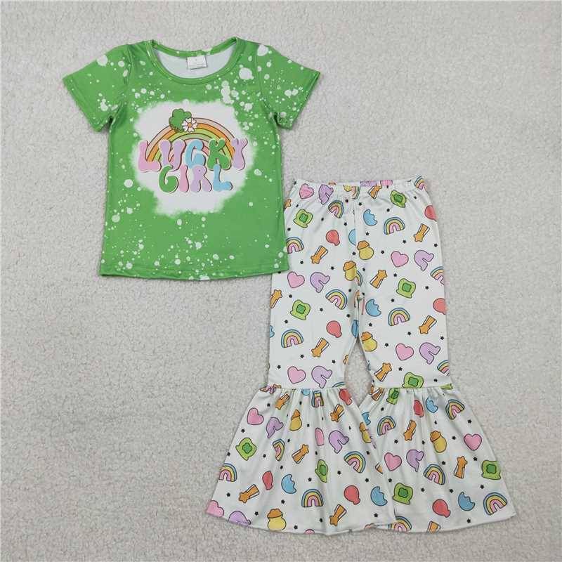 GSPO2101 Lucky Girl Green Short-Sleeve Heart Rainbow Four-Leaf Clover Gold Coin Pants Set(副本)