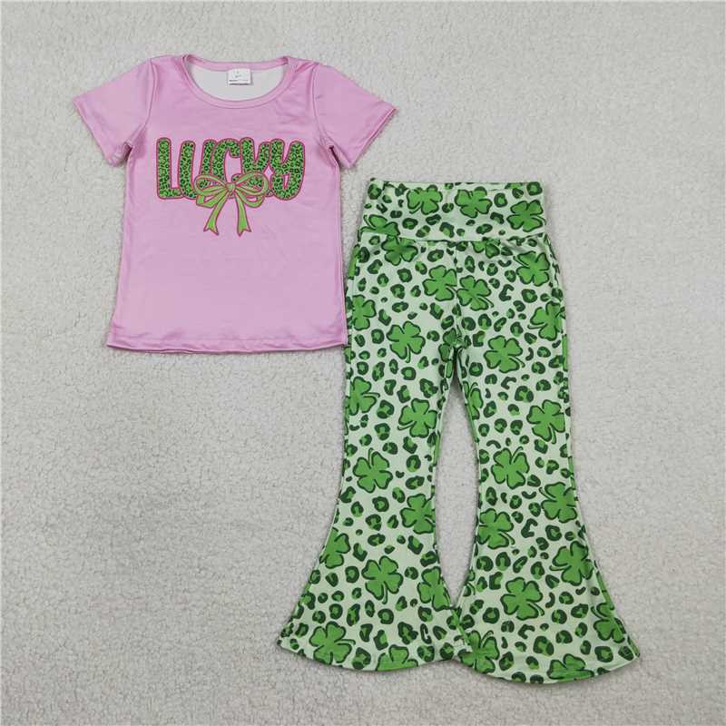 GSPO2101 Lucky Girl Green Short-Sleeve Heart Rainbow Four-Leaf Clover Gold Coin Pants Set