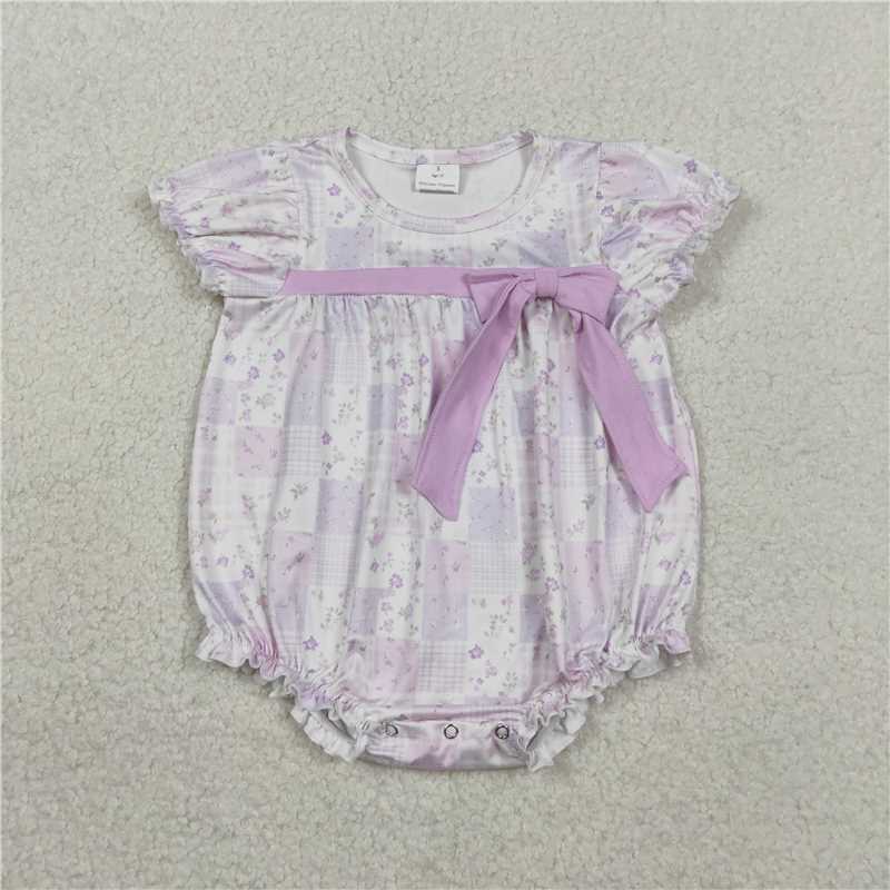 SR3730 Floral Patchwork Plaid Purple Bow Short-Sleeve Jumpsuit