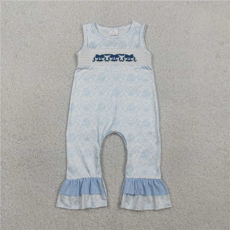 SR3843 Embroidered Flower and Bow Pattern Blue Lace Sleeveless Jumpsuit
