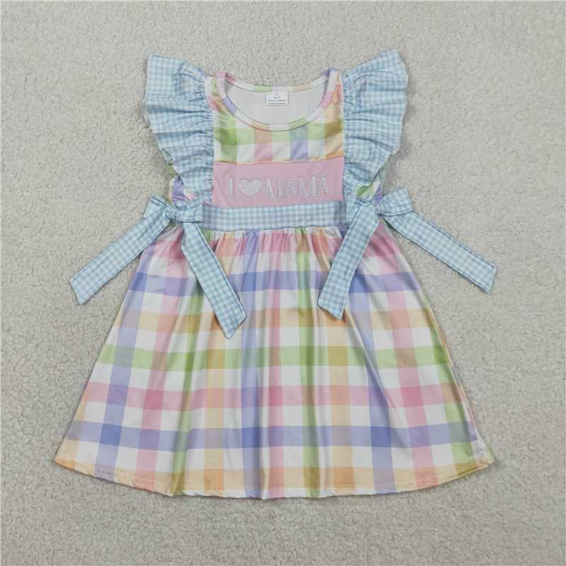 GSD2940 Embroidered "I Love Mom" Colorful Plaid Flutter Sleeve Dress