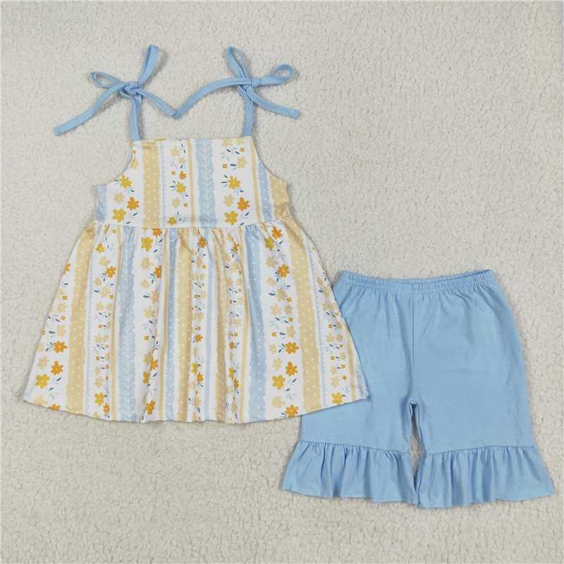 5.12 GSSO2302 Floral flower yellow striped suspenders blue shorts suit