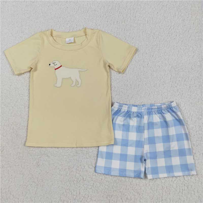 5.19 BSSO1058 Embroidered Puppy Yellow Short Sleeve Blue Plaid Shorts Set