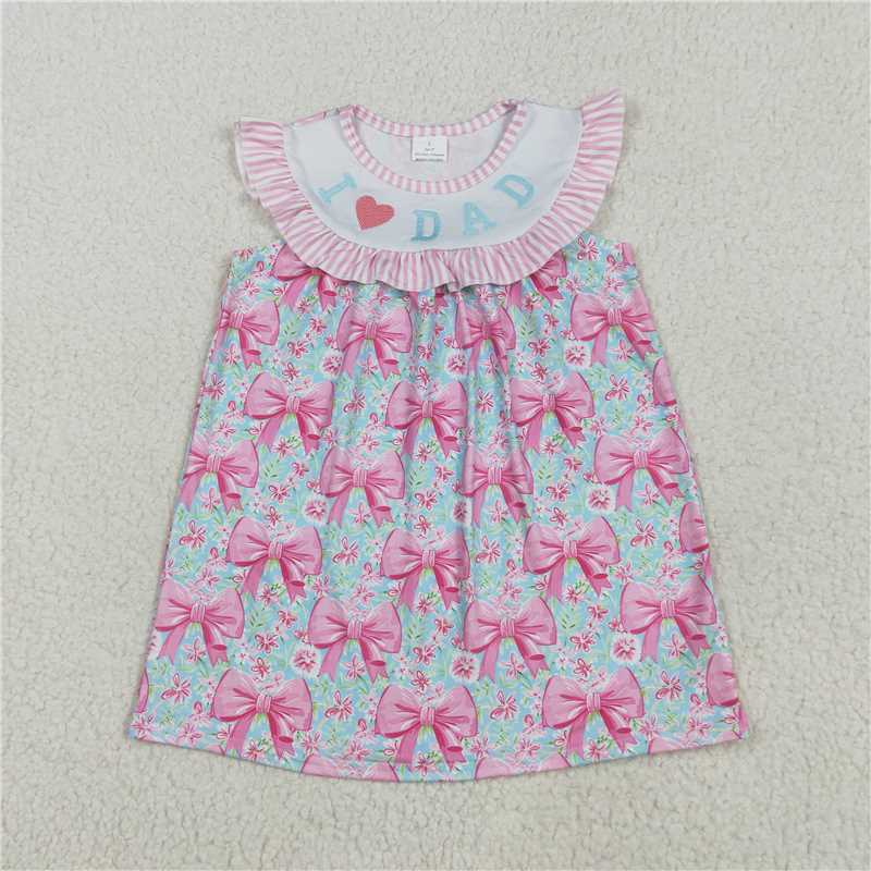 6.23 GSD2534 Embroidered i love dad pink striped bow pattern flowers and leaves blue sleeveless dress