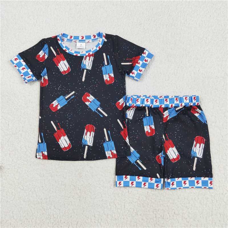 5.19 BSSO1401 National Day popsicle lightning blue and black short-sleeved shorts pajamas set