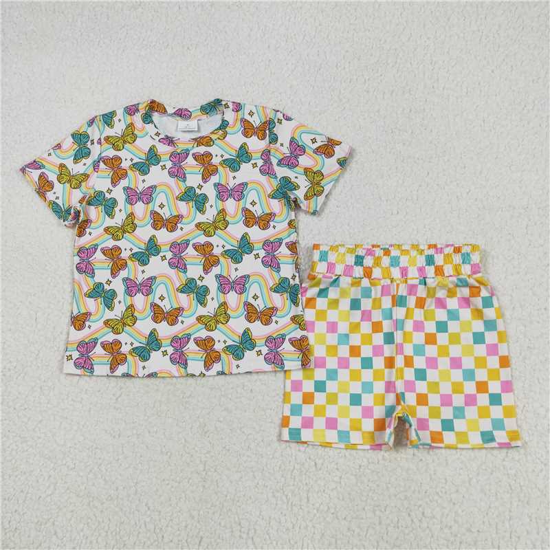 5.30 GSSO2615 Butterfly short sleeve colorful plaid shorts set