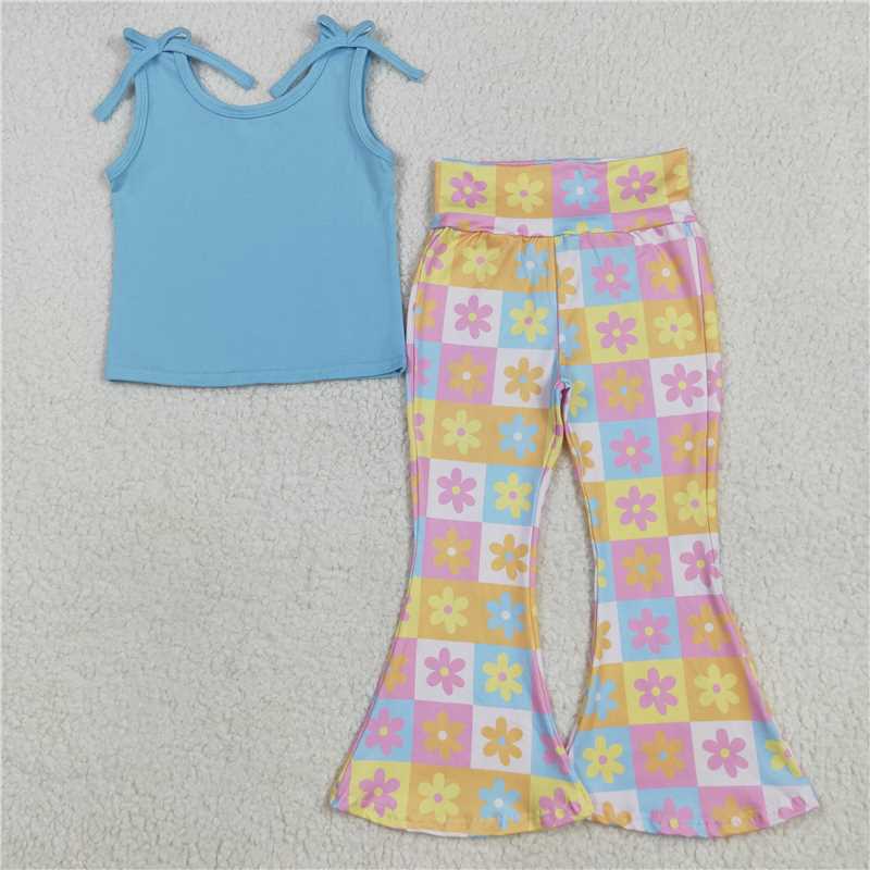 5.30GSPO2017 Solid blue sleeveless floral colored plaid trouser suit