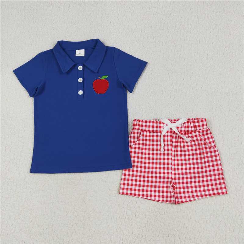 6.23 BSSO1397 Embroidered Apple Blue Short Sleeve Red Plaid Shorts Set