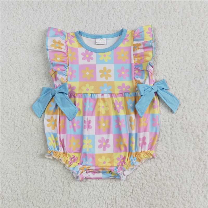 6.23 SR3090 Flower color plaid blue bow vest jumpsuit