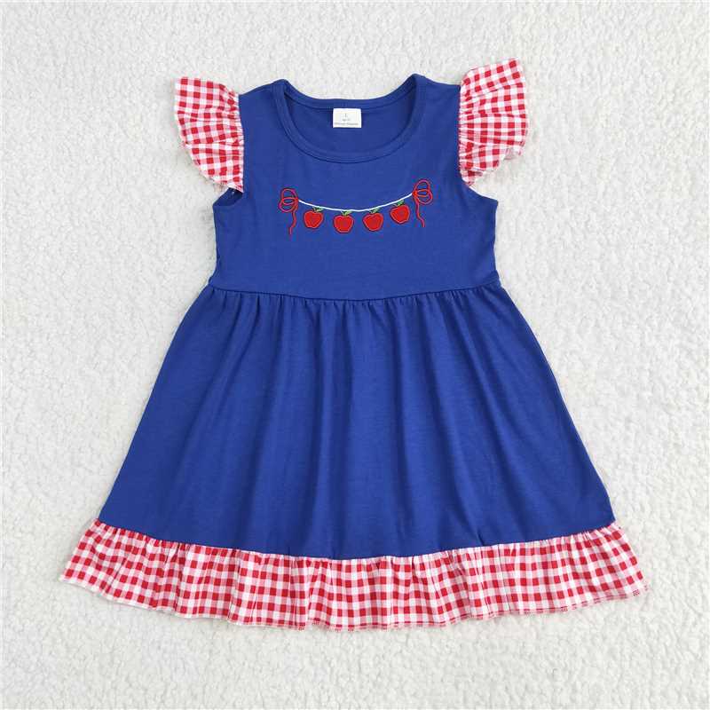 6.12 GSD2153 Embroidered Apple Red Plaid Lace Blue Fly Sleeve Dress