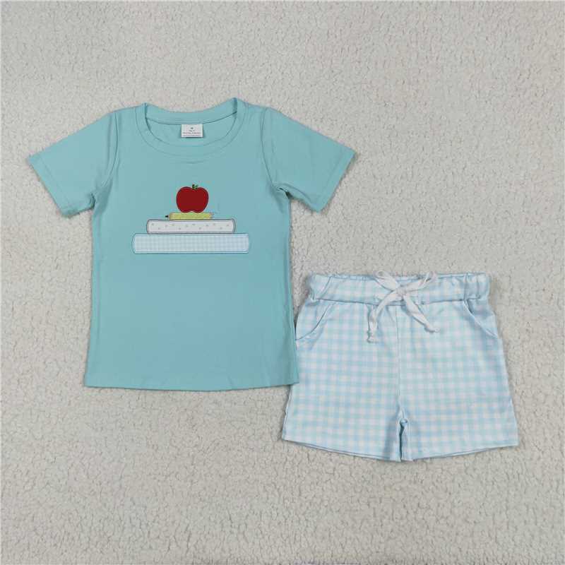 6.23 BSSO1329 Embroidery Back to School Apple Pencil Light Green Short Sleeve Blue Plaid Shorts Set