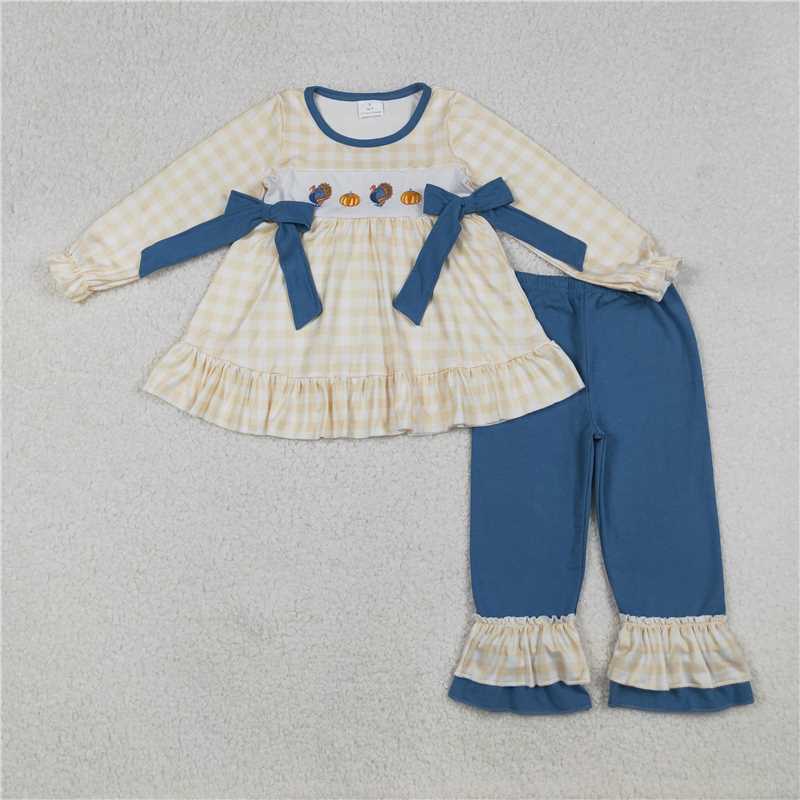 X916 GLP2594 Embroidered turkey pumpkin blue bow plaid long-sleeved pant suit