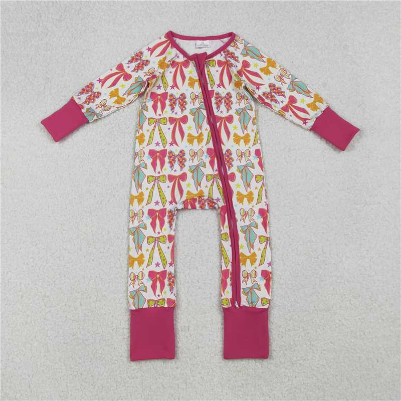X916 LR2468 Rose red long-sleeved zip-up bodysuit with bow pattern and stars