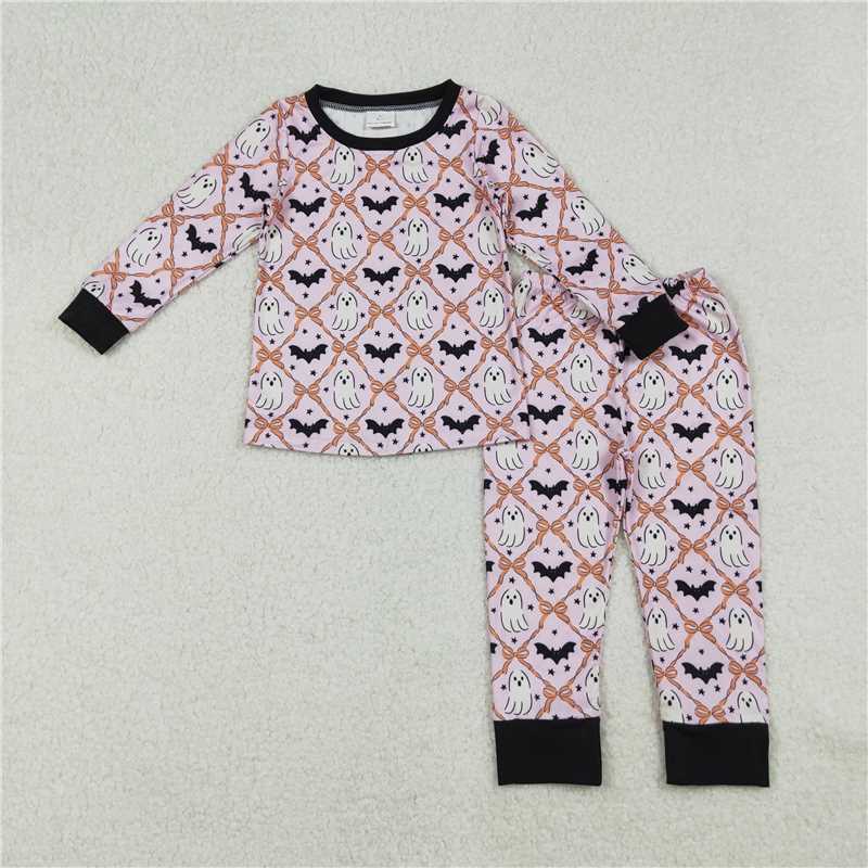 X915 GLP2639 Pink long-sleeved pant set with a Halloween ghost bat, star, and orange bow pattern