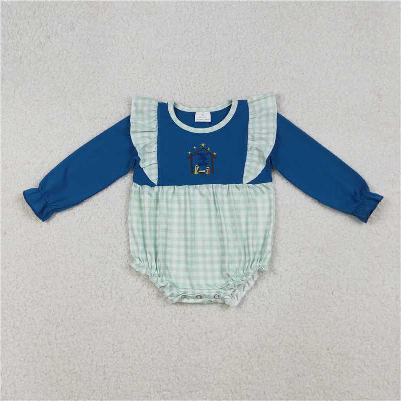 X107 LR2477 Embroidered Jesus Green Plaid Blue Long-Sleeved Bodysuit