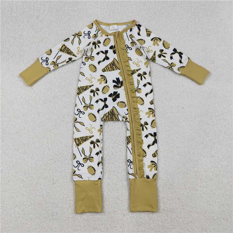 X916 LR2515 Football flared bow pattern long-sleeved zippered bodysuit with gold lace