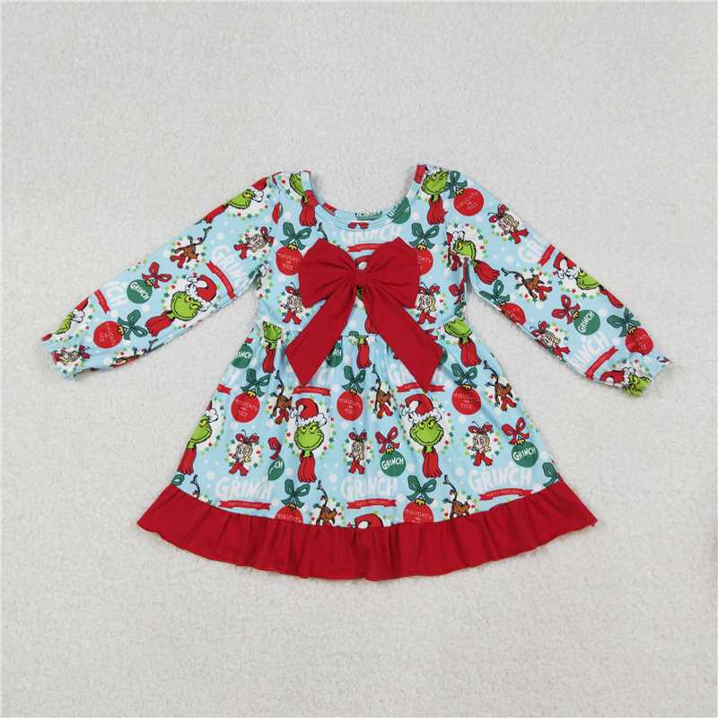 X915 GLD1269 Grinch red lace bow blue long-sleeved dress