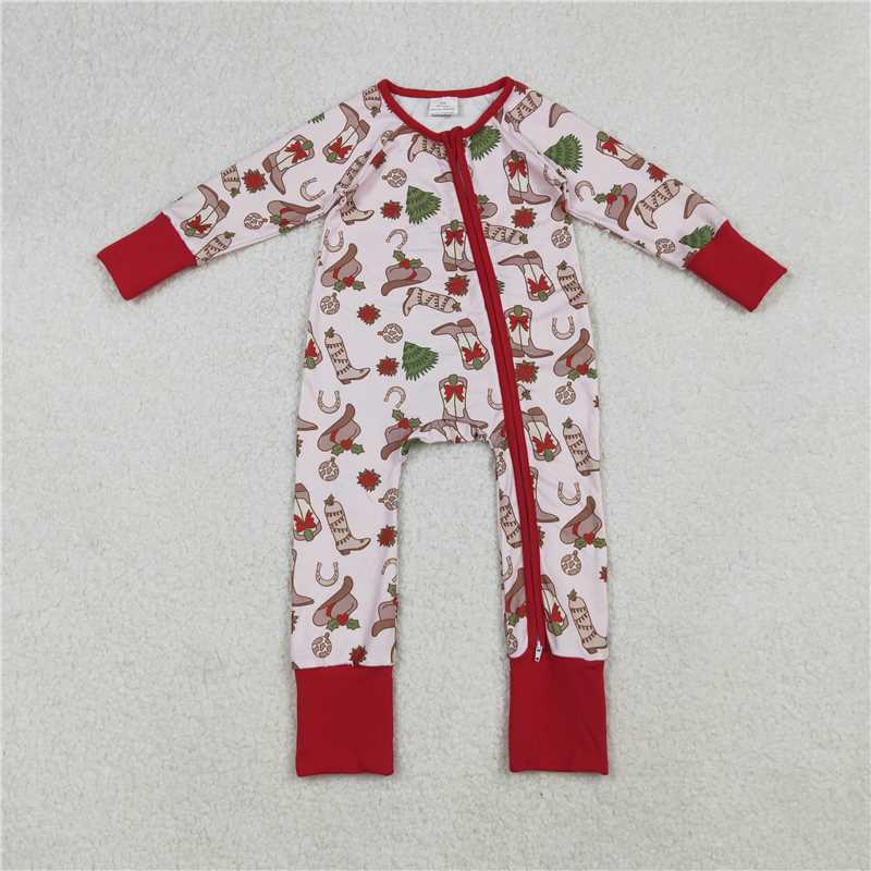 X916 LR2584 Pink long-sleeved bodysuit with red zipper and Christmas tree boots and hat