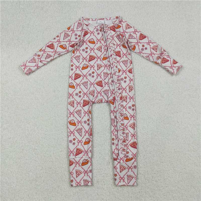 X916 LR2594 Cake Flower and Bow Pattern Lace Zipper Long-Sleeved Bodysuit