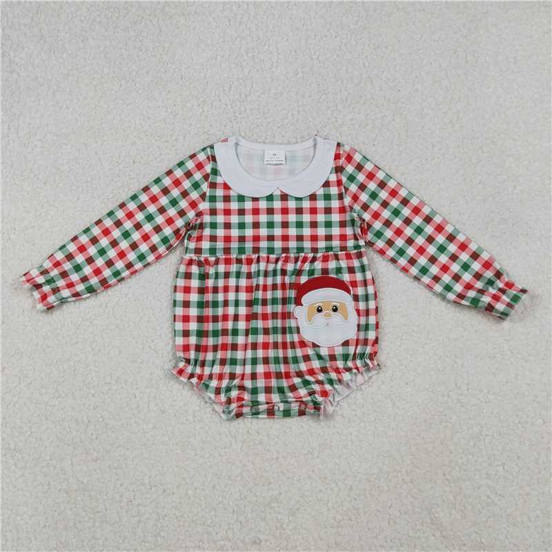 X108 LR2357 Embroidered Santa Claus Red and Green Plaid Doll Collar Long-Sleeved Bodysuit