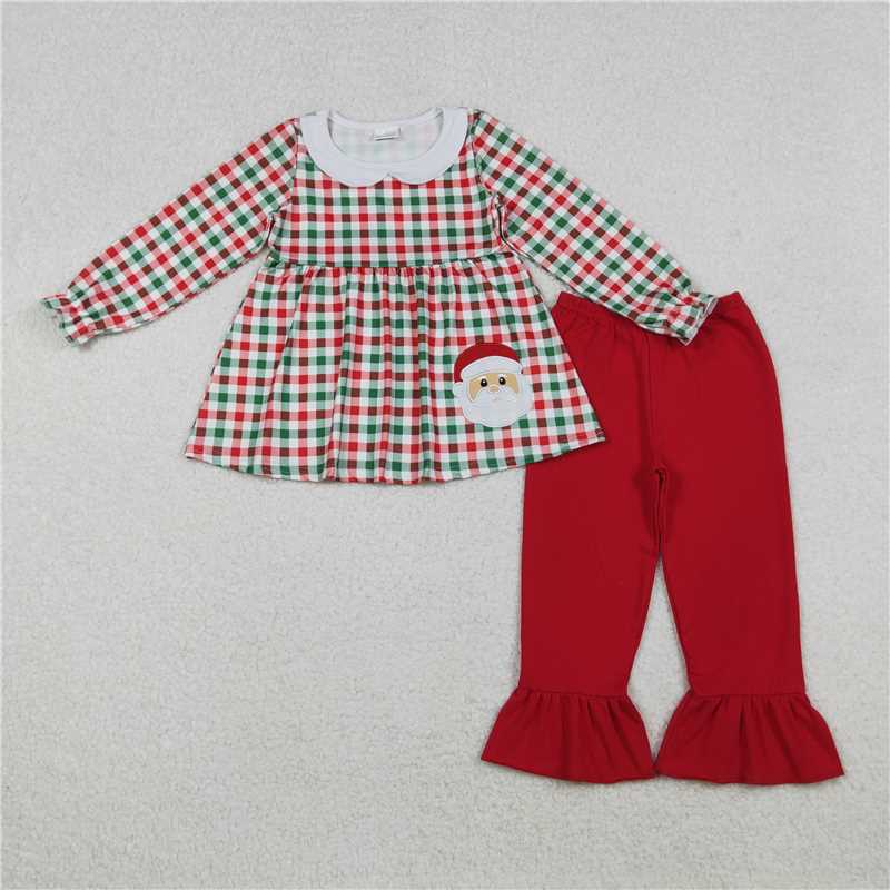X109 GLP2530 Embroidered Santa Claus Red and Green Plaid Doll Collar Long Sleeve Pants Set