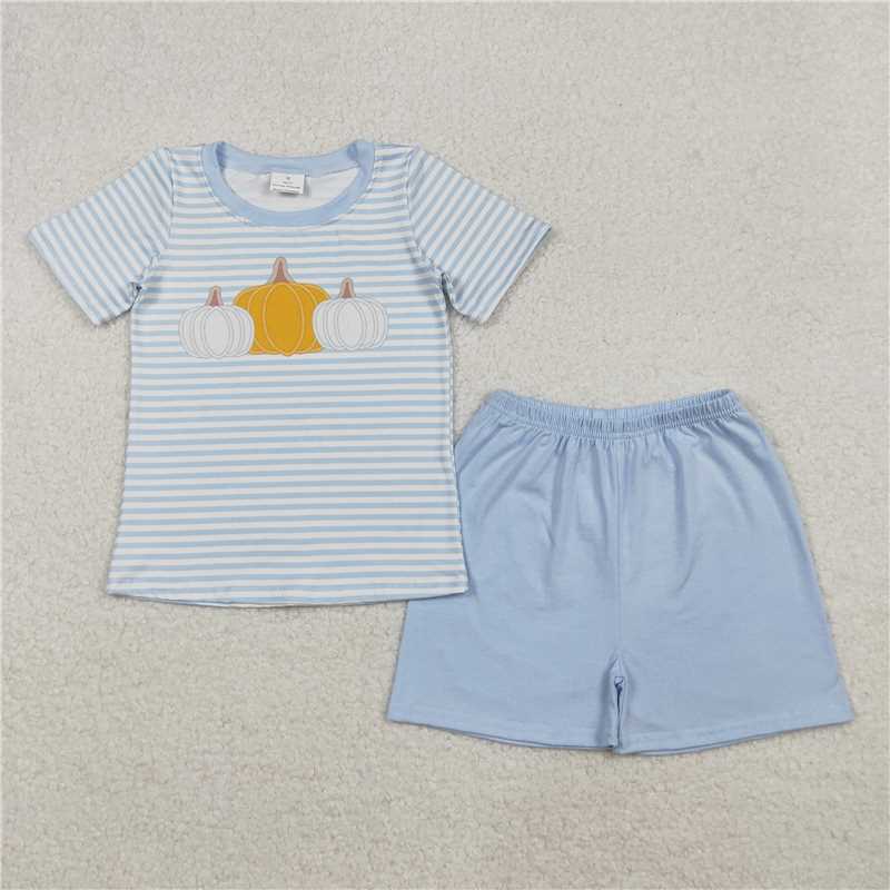 X10.11 BSSO1548 Pumpkin Blue Striped Short-Sleeve Shorts Set