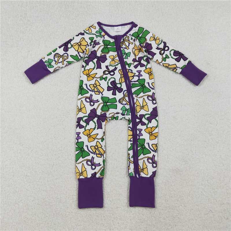 X10.13 LR2678 Purple and white zip-up long-sleeved bodysuit with carnival bow necklace