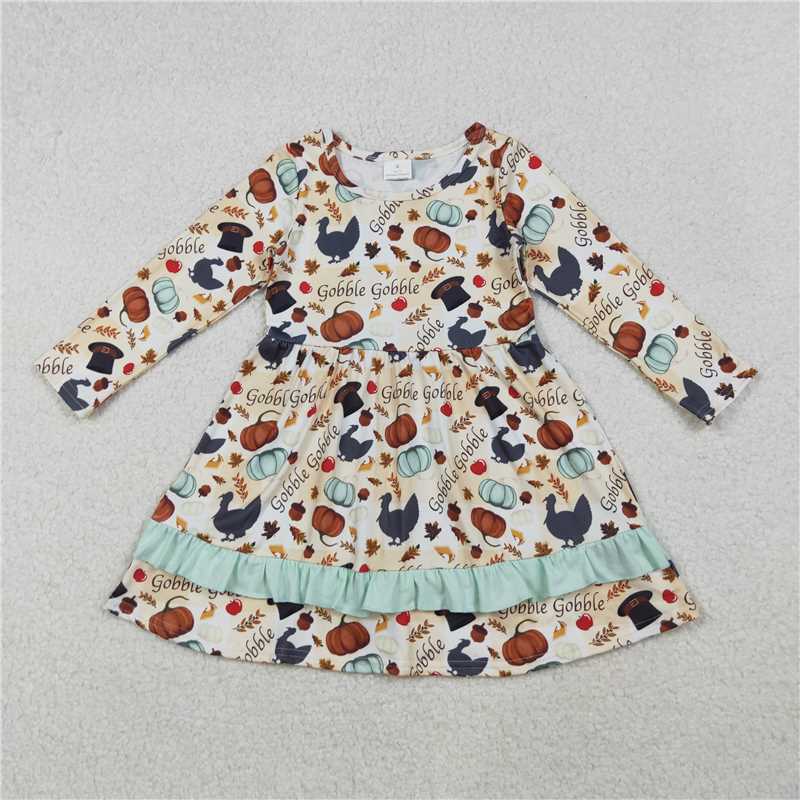 X11.4 GLD0789 Turkey Pumpkin Green Lace Yellow Plaid Long-Sleeved Dress