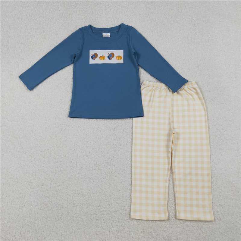 X10.11 BLP1176 Embroidered turkey and pumpkin blue long-sleeved plaid pant suit