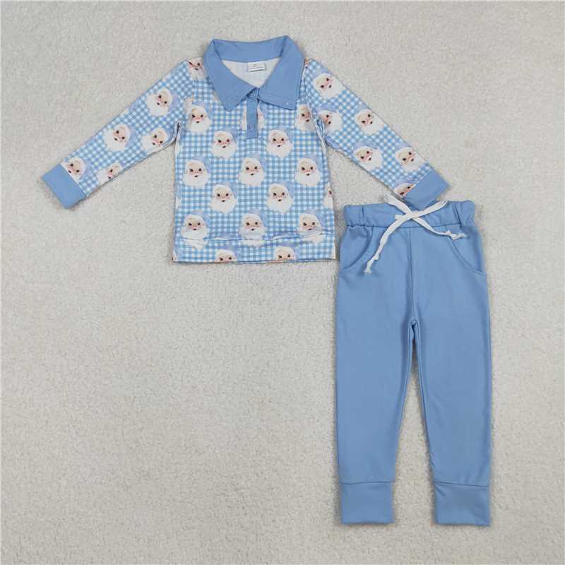 X10.11 BLP1295 Santa Claus Blue Plaid Button-Down Long-Sleeved Pants Set