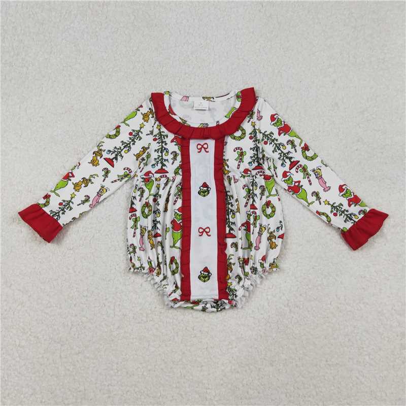 X11.6 LR2635 Embroidered grinch bow pattern wreath white long-sleeved jumpsuit with red lace trim