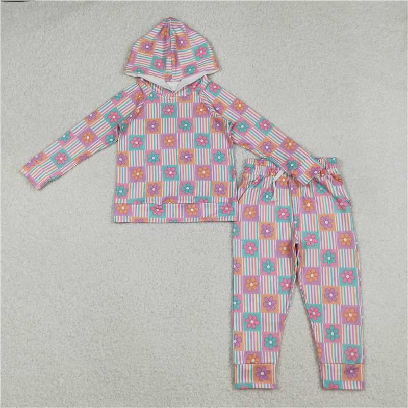 X109 GLP2853 Floral and Colorful Striped Plaid Hooded Long-Sleeved Pants Set