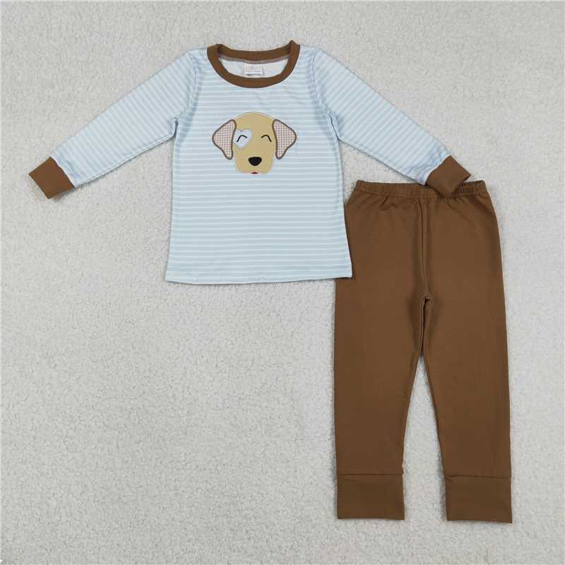 X1.1 BLP1283 Embroidered Heart Puppy Blue Striped Long-Sleeved Set with Brown Pants